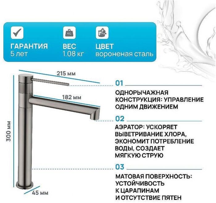 Смеситель для раковины Kaiser Vita 43111-15 Вороненая сталь