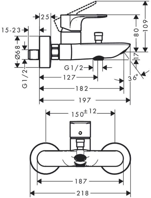 Hansgrohe Rebris E Смеситель для ванны, настенный, цвет: хром