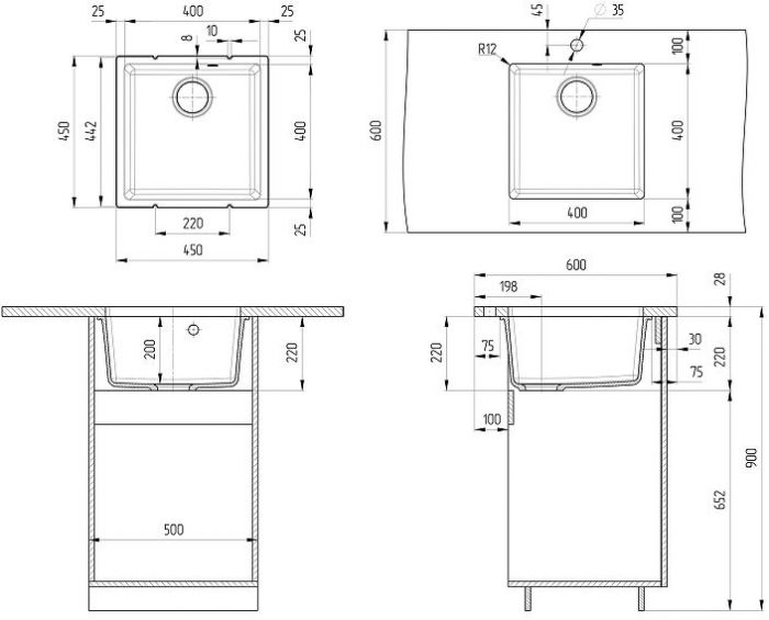 Кухонная мойка Ulgran Quartz Underground 400-07 Уголь