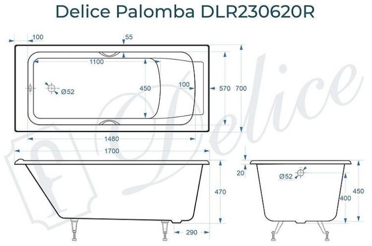 Чугунная ванна Delice Palomba 170х70 DLR230620R с отверстиями под ручки без антискользящего покрытия Чугунная ванна Delice Palomba 170х70 DLR230620R с отверстиями под ручки без антискользящего покрытия
