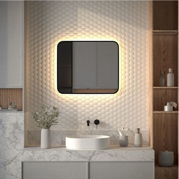 Зеркало Defesto Aura 70х60 DF 2976RH с подсветкой 23W-3000K/ИК - выключатель/Теплый белый свет/Черная рама Зеркало Defesto Aura 70х60 DF 2976RH с подсветкой 23W-3000K/ИК - выключатель/Теплый белый свет/Черная рама