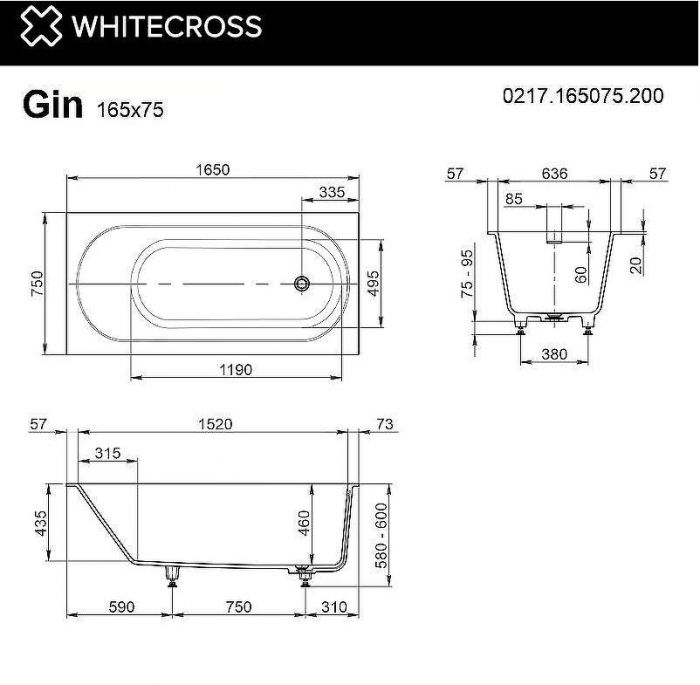 Ванна из искусственного камня Whitecross Gin 165x75 0217.165075.200 Белая матовая без гидромассажа