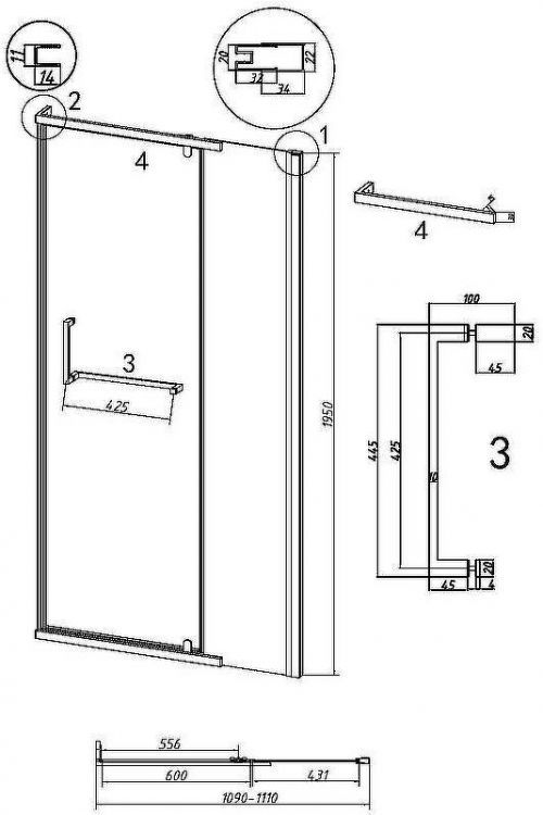 Душевая дверь Grossman Pragma 110 100.K33.03.110.32.00 профиль Золото сатин стекло прозрачное