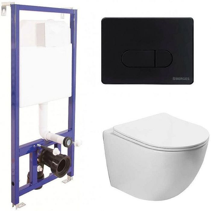 Комплект унитаза Vincea Globo VT1-14S с инсталляцией Berges Novum D5 040235 с сиденьем Микролифт и Черной матовой клавишей смыва