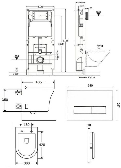 Комплект унитаза с инсталляцией Orange CI01-100W+APB288 с сиденьем Микролифт и Белой глянцевой клавишей смыва