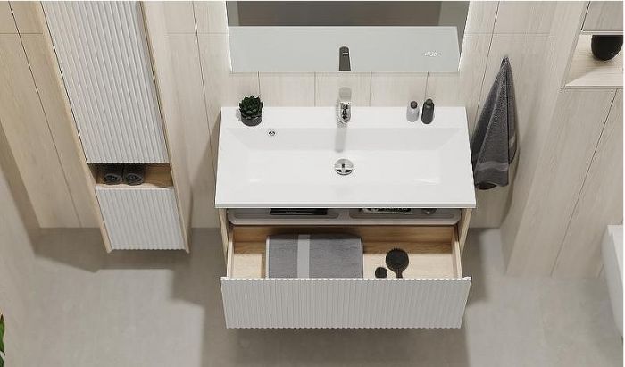 Тумба под раковину Jorno Tossony 90 Toss.01.90/P/SS-W/JR подвесная Сонома светлая Белая