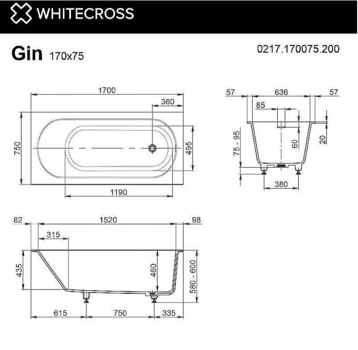Ванна из искусственного камня Whitecross Gin 170x75 0217.170075.200 Белая матовая без гидромассажа