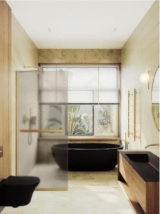 Душевая перегородка Maybah Glass MGD-734-3у 890x1950 в узком профиле Золото стекло бронзовое матовое