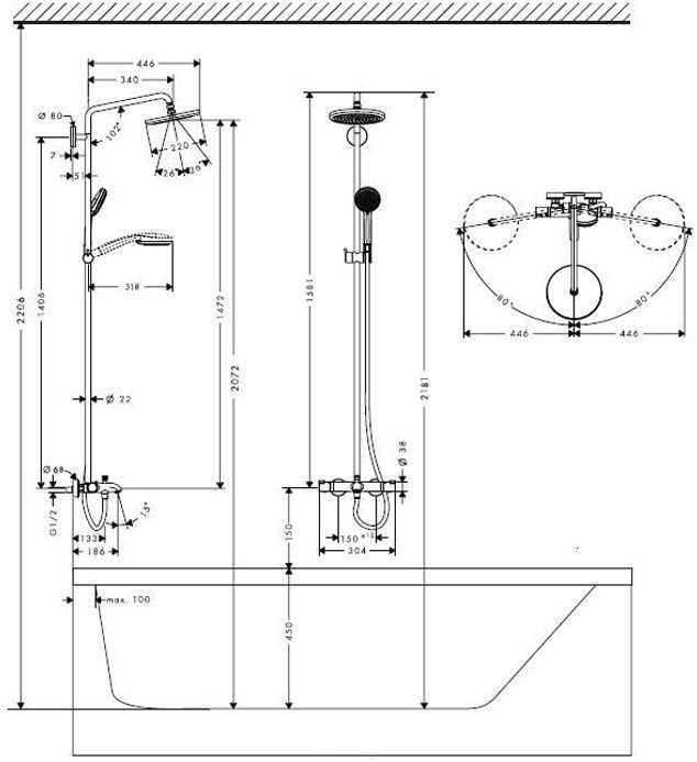 Hansgrohe Croma Душевая система Showerpipe: верхний душ 220 1jet, ручной душ, термостат для ванны, штанга для душа, держатель, излив 186мм, цвет: хром