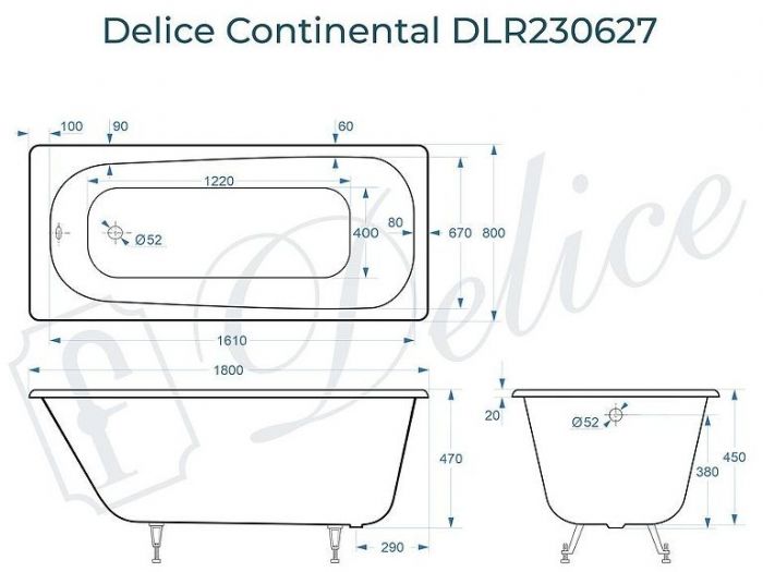 Чугунная ванна Delice Continental 180х80 DLR230627 без отверстий под ручки и антискользящего покрытия