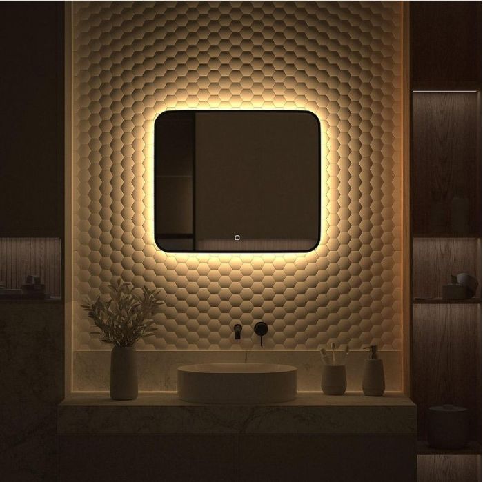 Зеркало Defesto Aura 70х60 DF 2976SH с подсветкой 23W-3000K/Сенсорный выключатель/Теплый белый свет/Черная рама