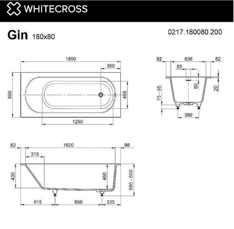 Ванна из искусственного камня Whitecross Gin 180x80 0217.180080.200 Белая матовая без гидромассажа