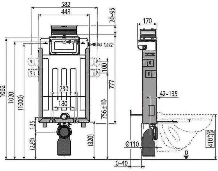 Инсталляция Alcaplast Renovmodul AM119/1000 для подвесного унитаза без клавиши смыва