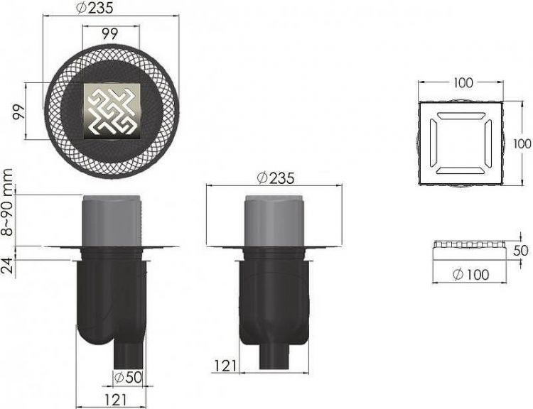 Душевой трап Berges Platz Antik 100x100 091060 с решеткой Хром