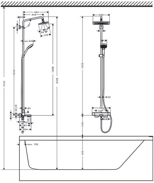 Hansgrohe Croma E 280 1jet Душевая система Showerpipe с термостатом для ванны, хром