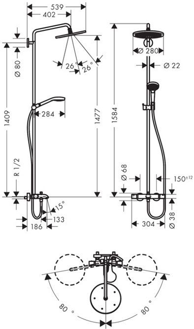 Hansgrohe Croma E 280 1jet Душевая система Showerpipe с термостатом для ванны, хром