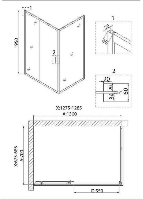 Душевой уголок Niagara Nova 130х70 NG-82-13AB-A70B профиль Черный стекло прозрачное