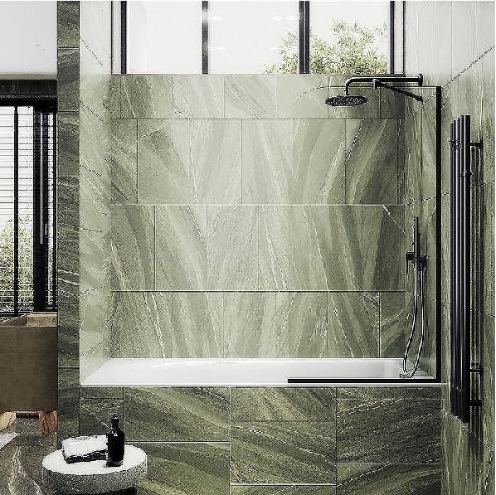 Шторка на ванну Maybah Glass MGV-131-6у 340x1400 в узком профиле Черный стекло прозрачное