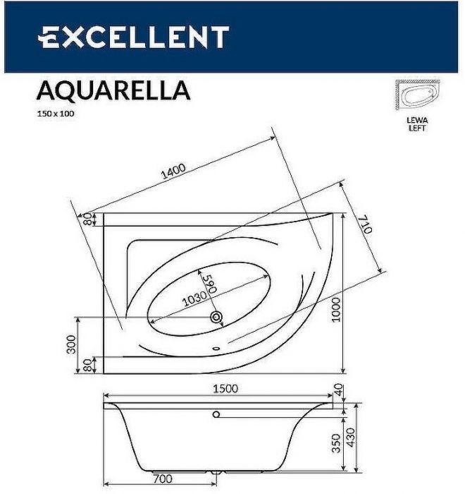 Акриловая ванна Excellent Aquarella 150x100 L WAEX.ARL15.SOFT.CR с гидромассажем