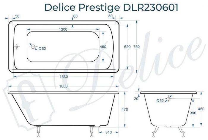 Чугунная ванна Delice Prestige 180х75 DLR230601 без отверстий под ручки и антискользящего покрытия