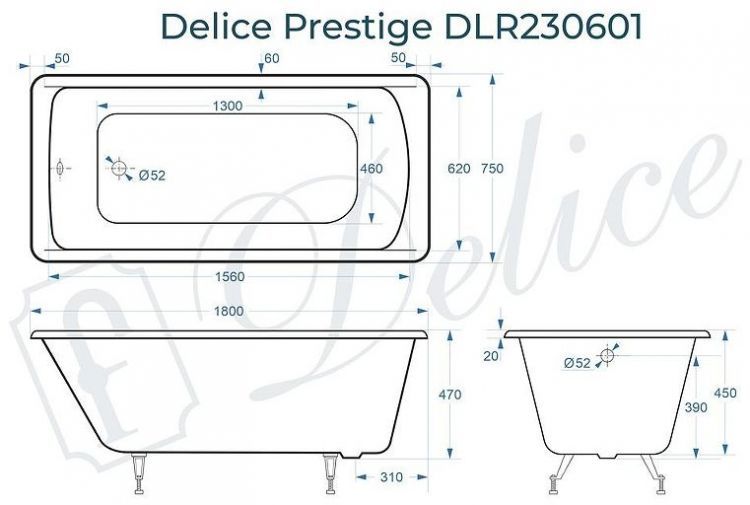 Чугунная ванна Delice Prestige 180х75 DLR230601 без отверстий под ручки и антискользящего покрытия