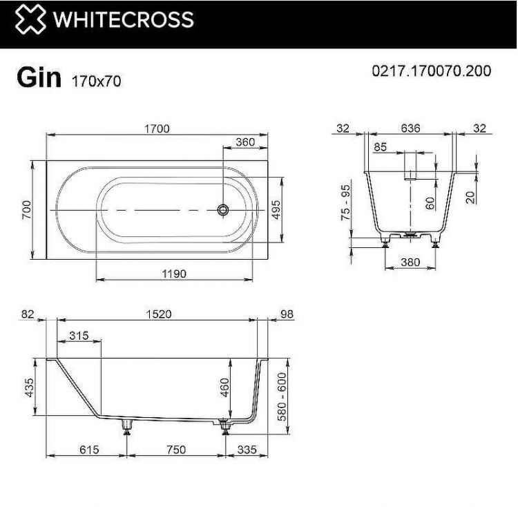 Ванна из искусственного камня Whitecross Gin 170x70 0217.170070.200 Белая матовая без гидромассажа