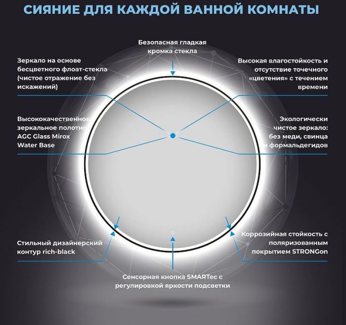 Зеркало Wellsee 7 Rays' Spectrum 95 172201800 с подсветкой цвет Черный матовый с сенсорным выключателем