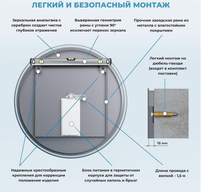 Зеркало Wellsee 7 Rays' Spectrum 95 172201800 с подсветкой цвет Черный матовый с сенсорным выключателем
