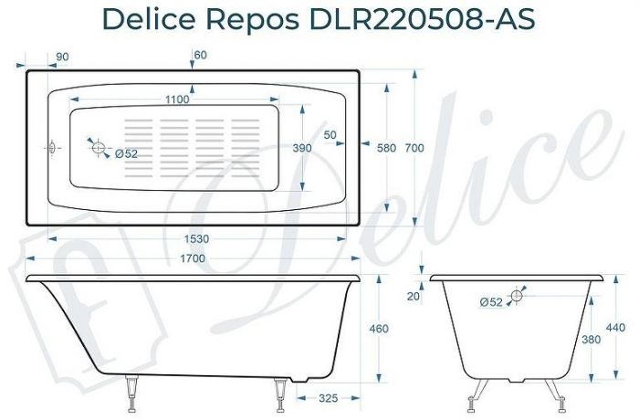 Чугунная ванна Delice Repos 170х70 DLR220508-AS без отверстий под ручки с антискользящим покрытием