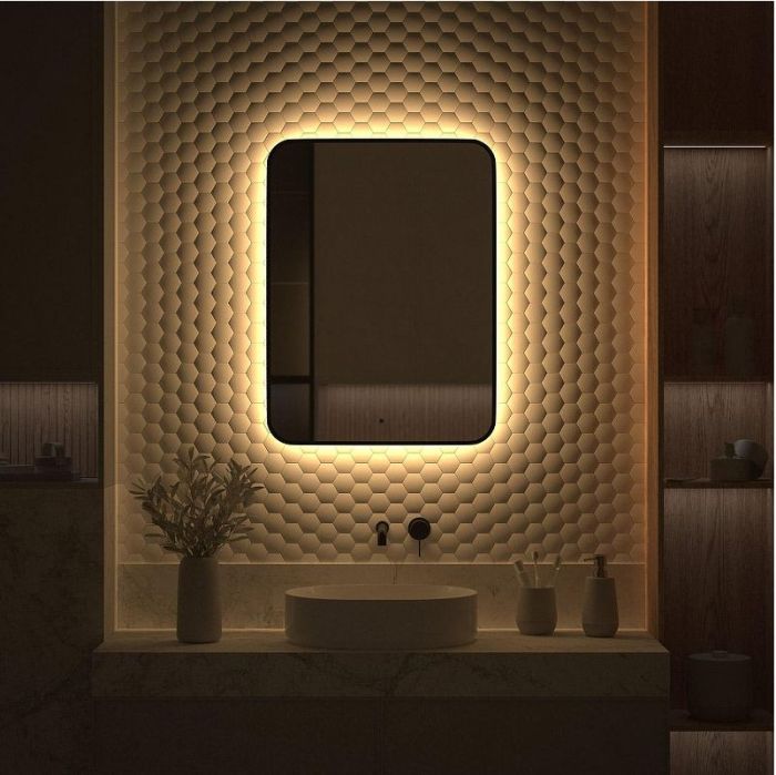 Зеркало Defesto Aura 60х80 DF 2977R с подсветкой 25W-3000K/ИК - выключатель/Теплый белый свет/Черная рама