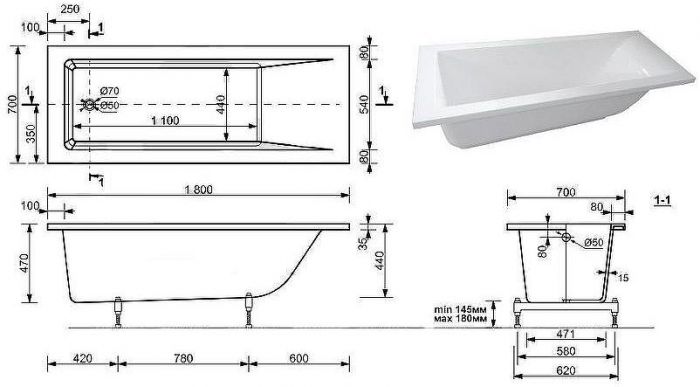 Ванна из искусственного камня Aquanet Bright Stone 180x70 AQ-00338574 без гидромассажа