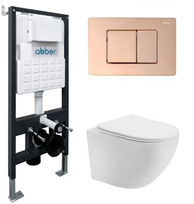 Комплект унитаза Abber Bequem AC1100T-AC0105-AC0120RG с сиденьем Микролифт и клавишей смыва цвет Золото розовое