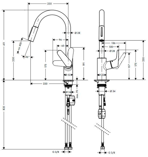 Hansgrohe Focus, Смеситель для кухни, с выдвижным душем, Цвет: сталь