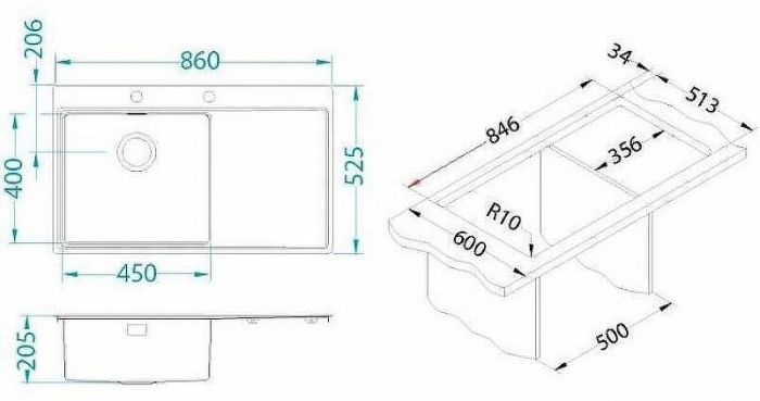 Кухонная мойка Alveus Pure 50R KMB-90 860x525 1103653 Брашированная сталь