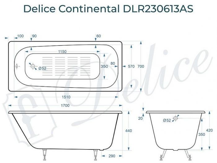 Чугунная ванна Delice Continental 170х70 DLR230613-AS без отверстий под ручки с антискользящим покрытием