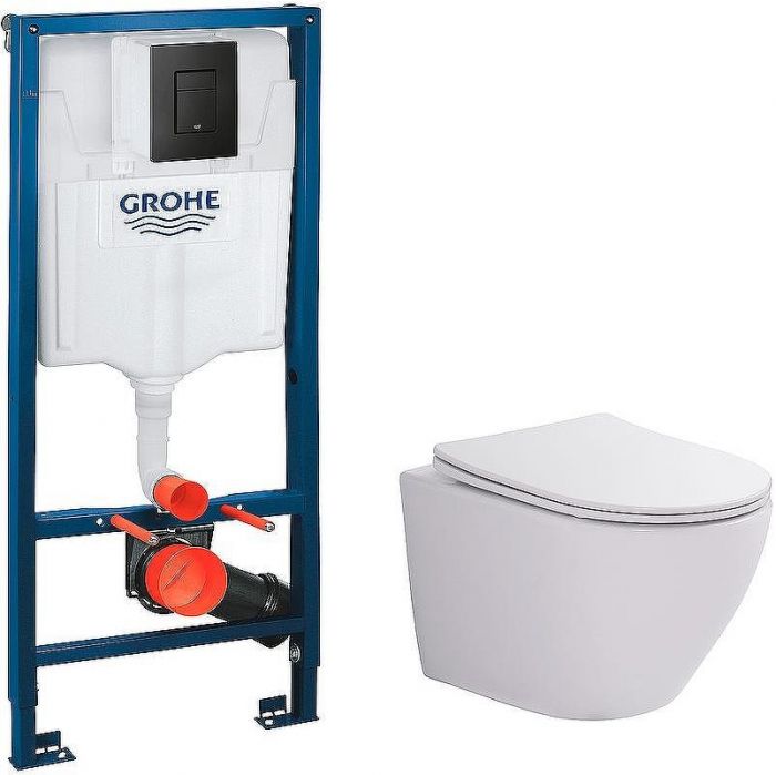 Комплект унитаза WellWant Aura WWU01122W с инсталляцией Grohe Rapid SL 38811KF0 с сиденьем Микролифт и Черной матовой клавишей смыва