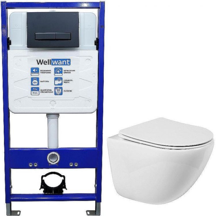 Комплект унитаза BelBagno Amanda BB051CHR+BB051SC с инсталляцией WellWant Standart 50 WWISI111BB с сиденьем Микролифт и Черной матовой клавишей смыва