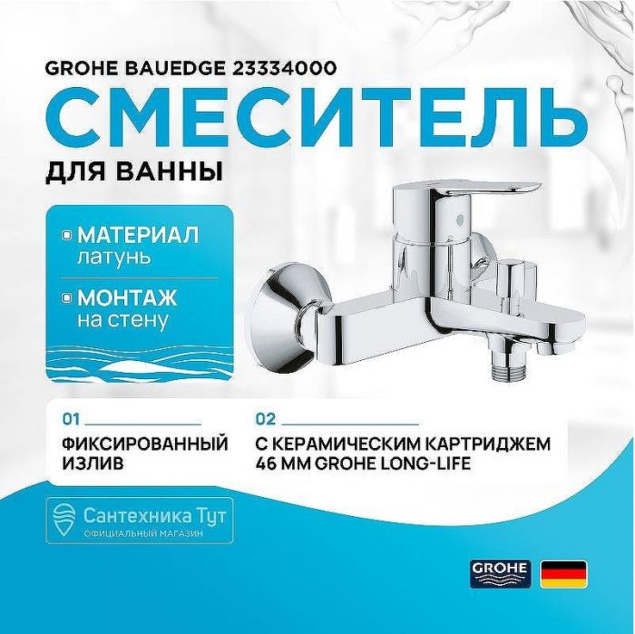 Смеситель для ванны Grohe BauEdge 23334000 Хром