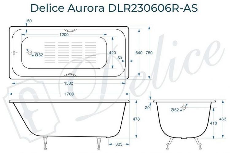 Чугунная ванна Delice Aurora 170х75 DLR230606R-AS с отверстиями под ручки с антискользящим покрытием