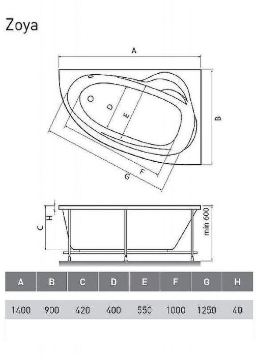 Акриловая ванна Relisan Zoya 140x90 R Гл000001248 без гидромассажа
