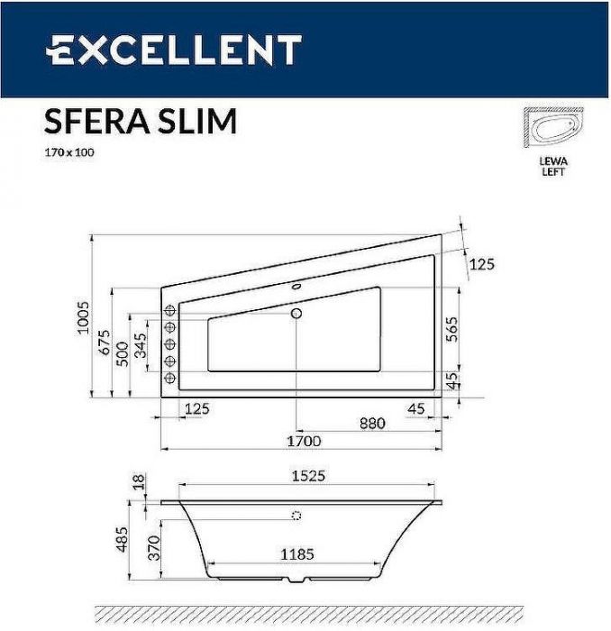 Акриловая ванна Excellent Sfera Slim 170x100 L WAEX.SFL17S.SOFT.GL с гидромассажем