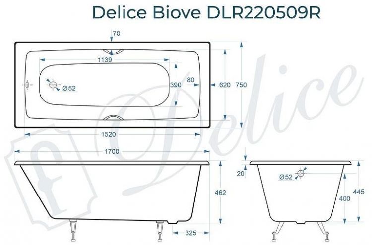 Чугунная ванна Delice Biove 170х75 DLR220509R с ручками без антискользящего покрытия