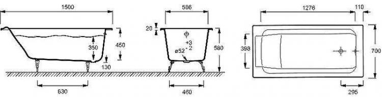 Чугунная ванна Jacob Delafon Parallel 150x70 E2946-00 с антискользящим покрытием
