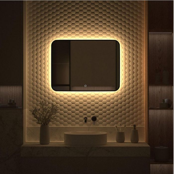 Зеркало Defesto Aura 80х60 DF 2977SH с подсветкой 25W-3000K/Сенсорный выключатель/Теплый белый свет/Черная рама