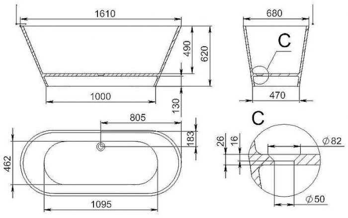 Ванна из искусственного камня Holbi Selena 161x68 1.01.006.11.1 Белая матовая