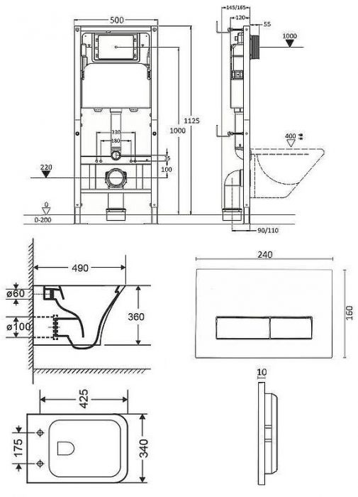 Комплект унитаза с инсталляцией Orange CI02-100W+APB200 с сиденьем Микролифт и клавишей смыва Хром глянцевый