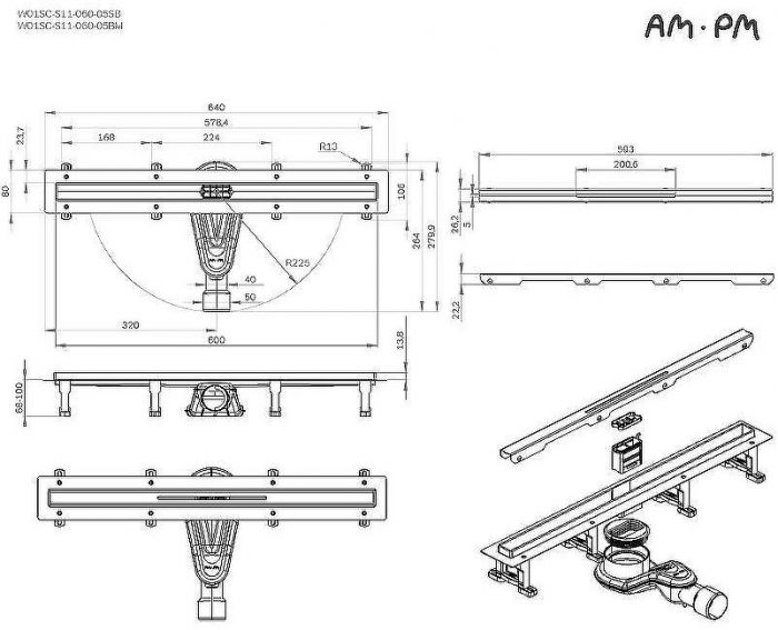 Душевой лоток AM.PM MasterFlow 60 W01SC-S11-060-05SB с решеткой Хром матовый Slim line