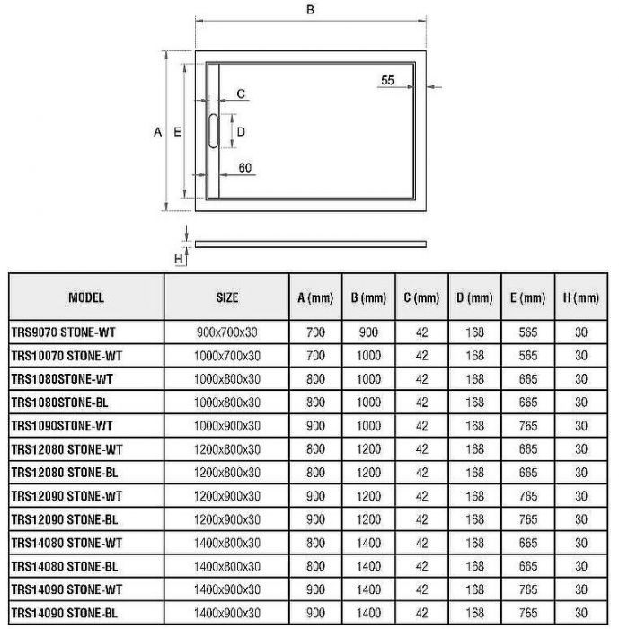 Душевой поддон из искусственного камня WeltWasser WW TRS 12080 STONE-BL 120x80 10000004381 Черный