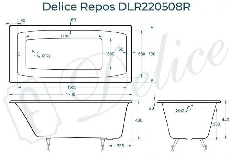 Чугунная ванна Delice Repos 170х70 DLR220508 без отверстий под ручки и антискользящего покрытия