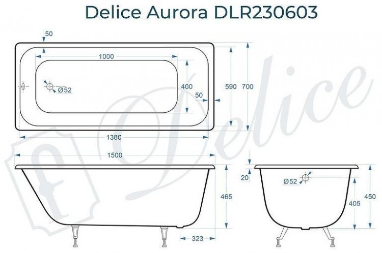 Чугунная ванна Delice Aurora 150х70 DLR230603 без отверстий под ручки и антискользящего покрытия